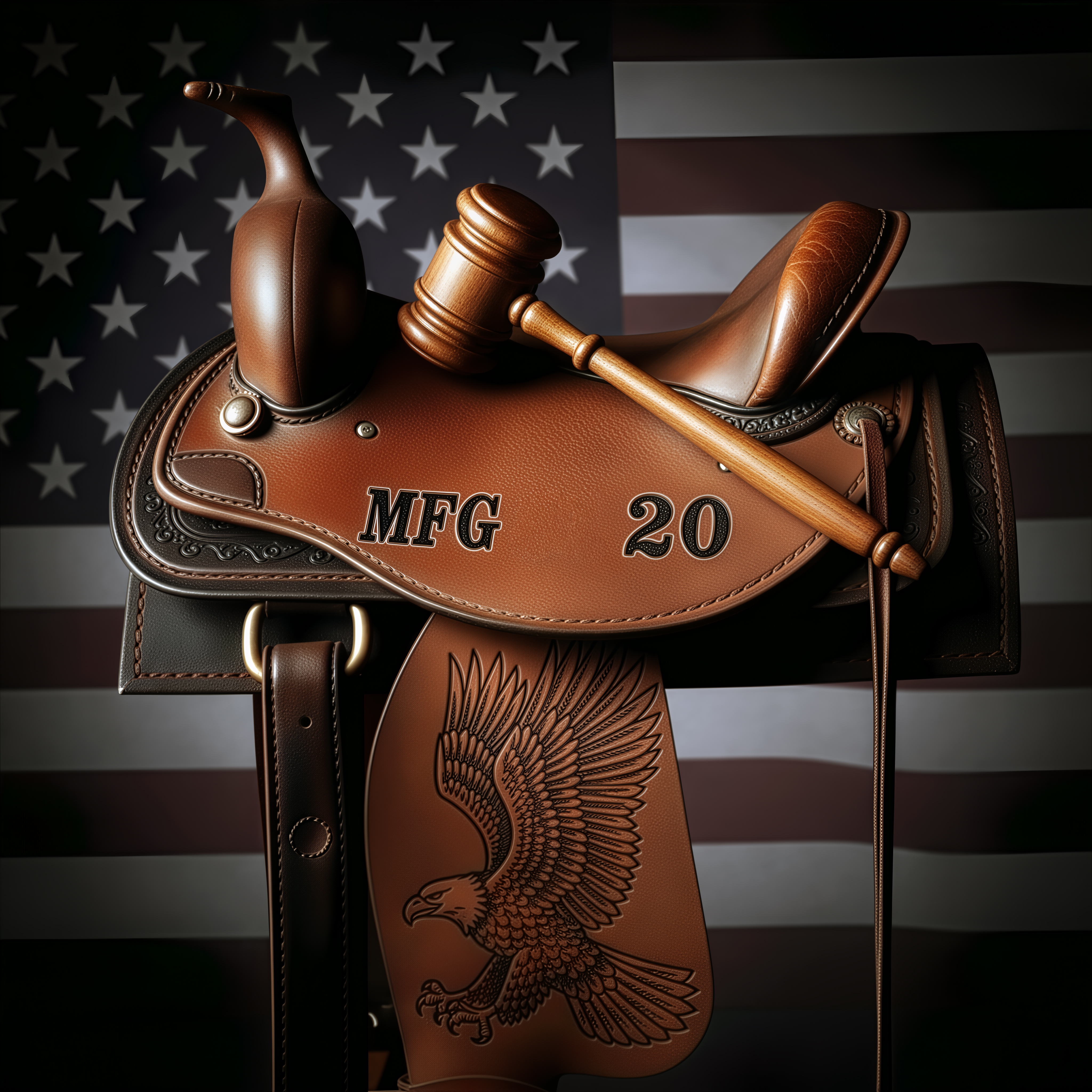 Western saddle and gavel with American flag background