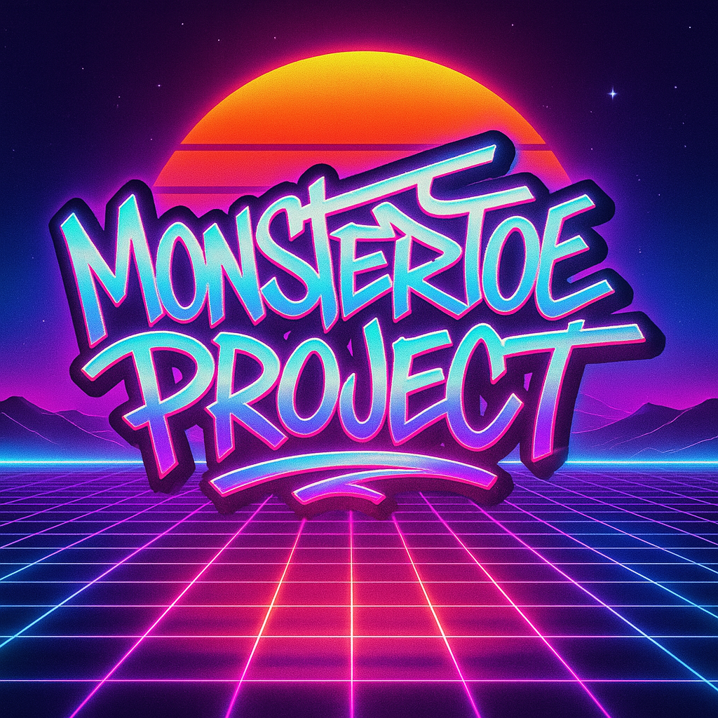 Neon MonsterToe Project logo over a retro synthwave horizon